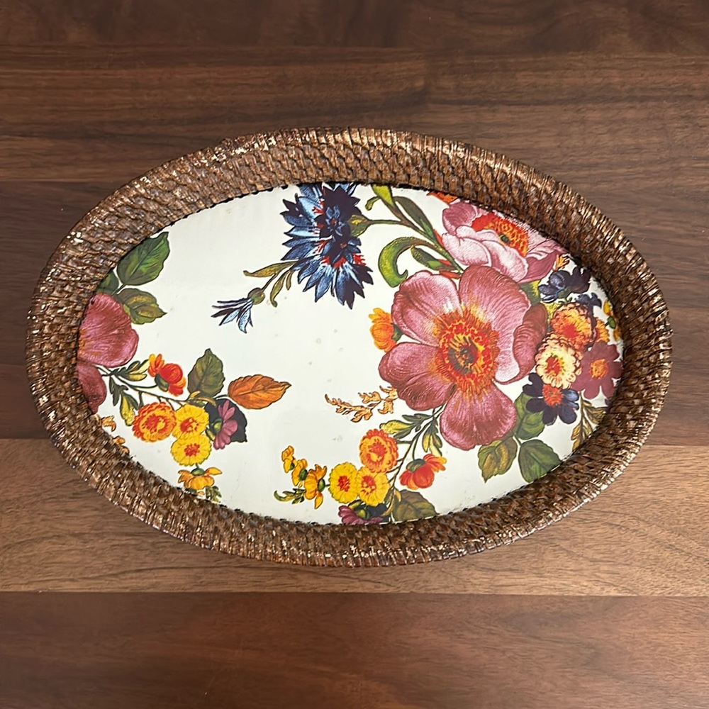 Mackenzie Childs Flower Market Small 11 X8” Rattan & Enamel Tray Floral retired